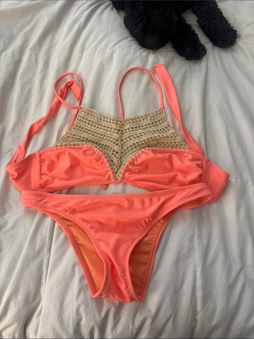 The Bikini Lab Coral High-Neck Crochet Trim Bikini